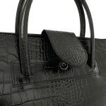 Geantă mare din piele naturală cu imprimeu crocodil - neagră